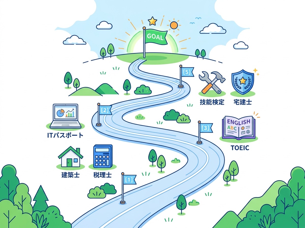 さまざまな資格を経てゴールへ向かう道のりのイラスト
